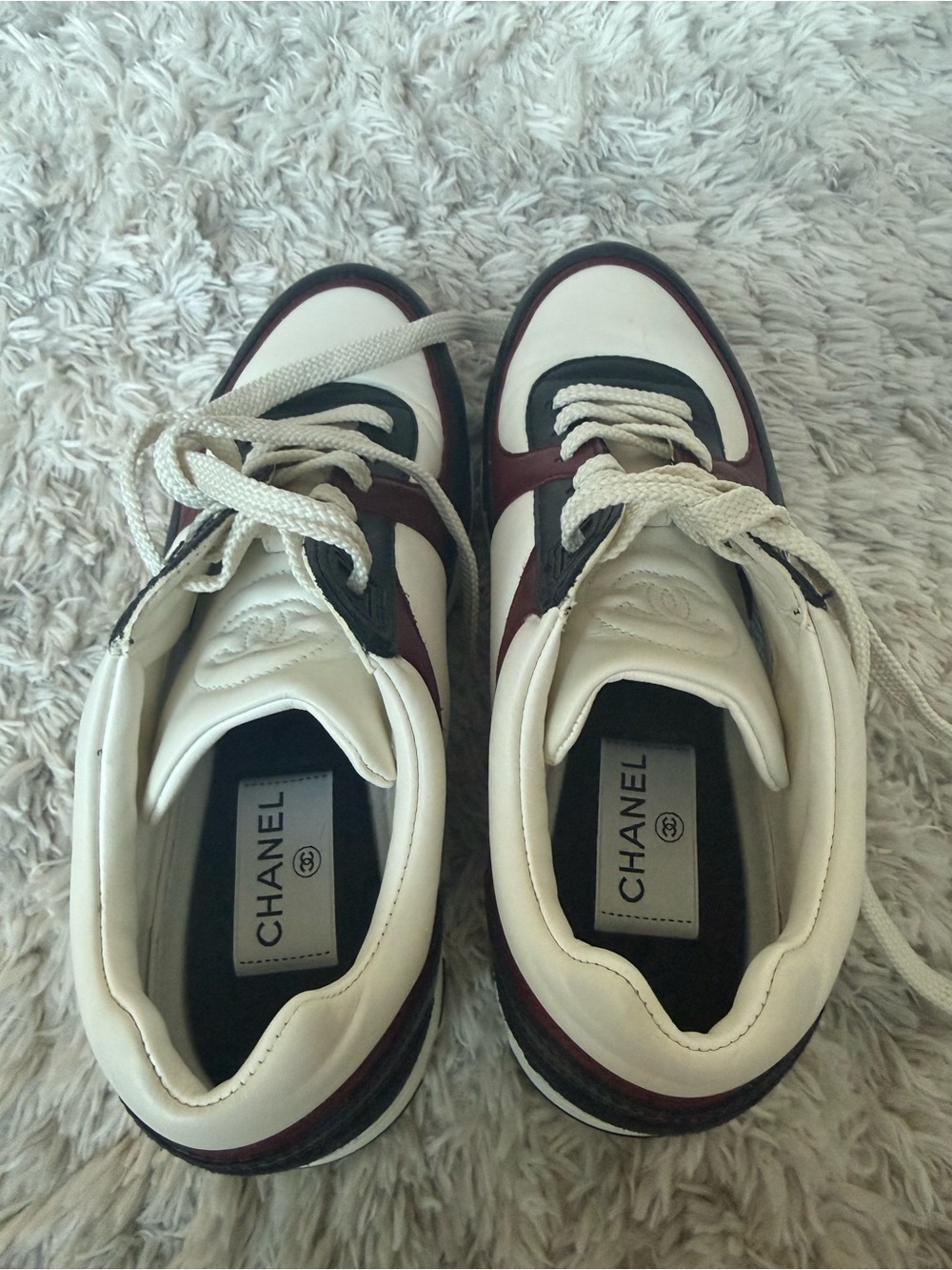 CHANEL Multicolor Leather Lace-Up Sneakers in White, Black & Burgundy - Picture 4 of 8